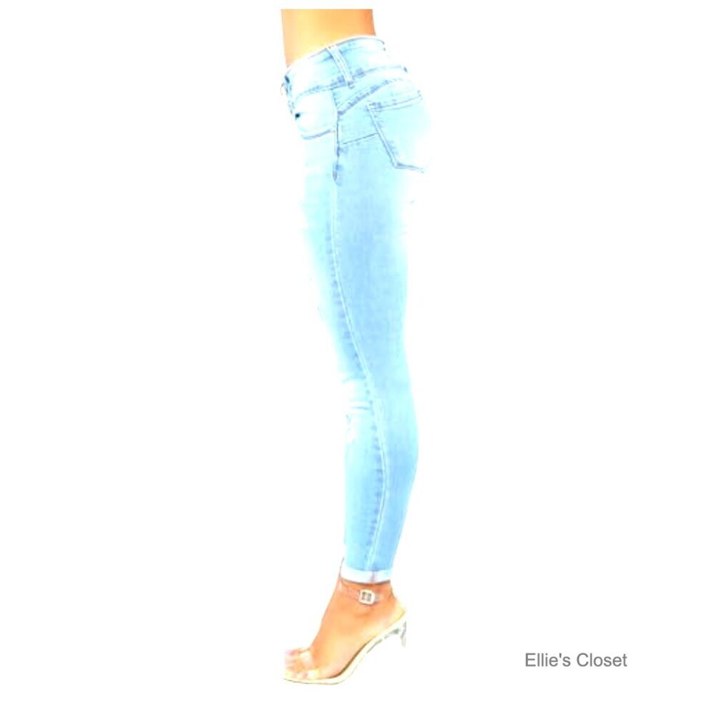 Skinny Ripped Distressed Jeans Stretchy Denim Pants Mid Waisted - Picture 3 of 6